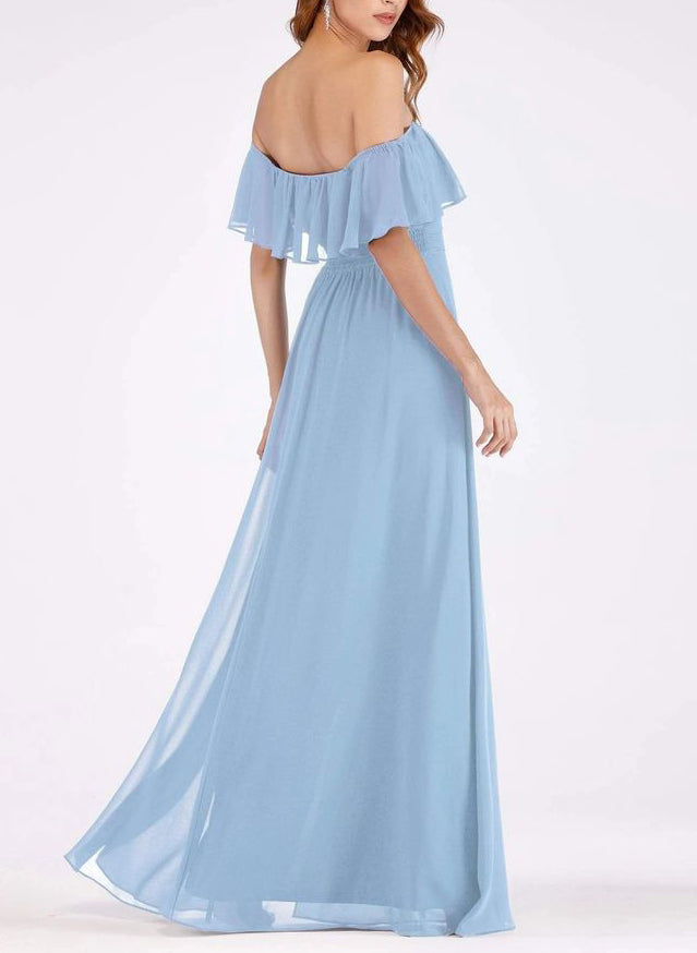 Off-The-Shoulder A-Line Slit Bridesmaid Dresses in Sky Blue