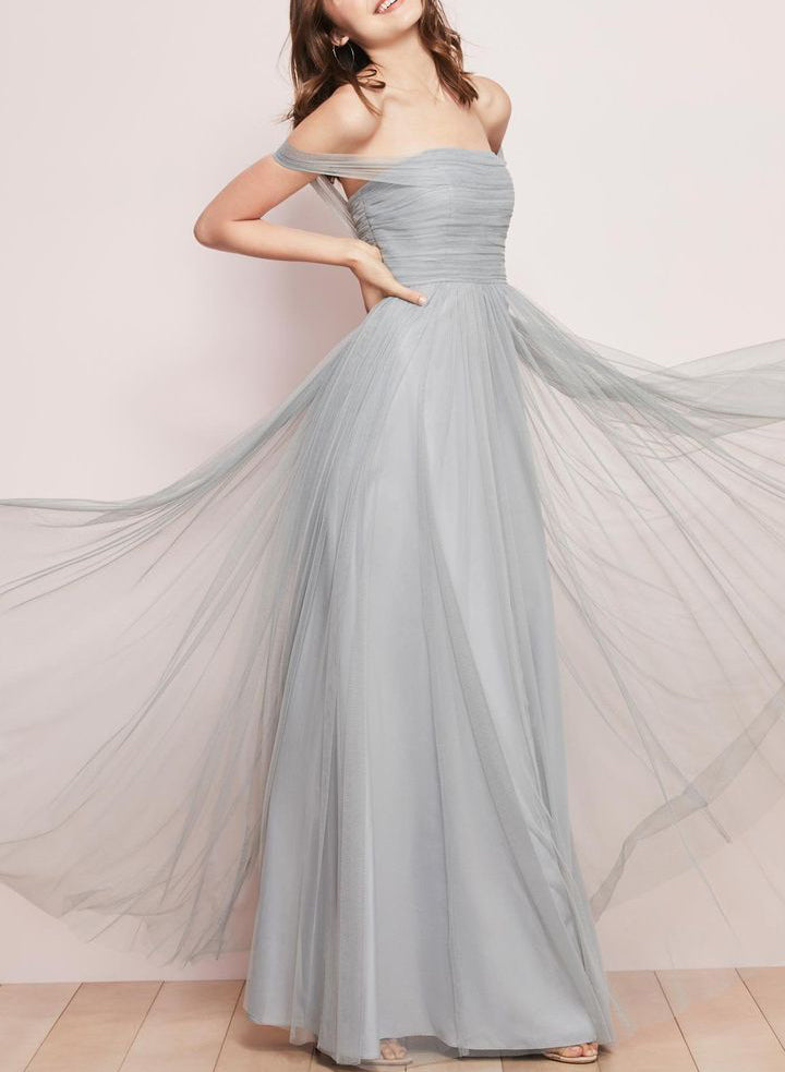 Floor-Length Silver Tulle Off-The-Shoulder Bridesmaid Dresses