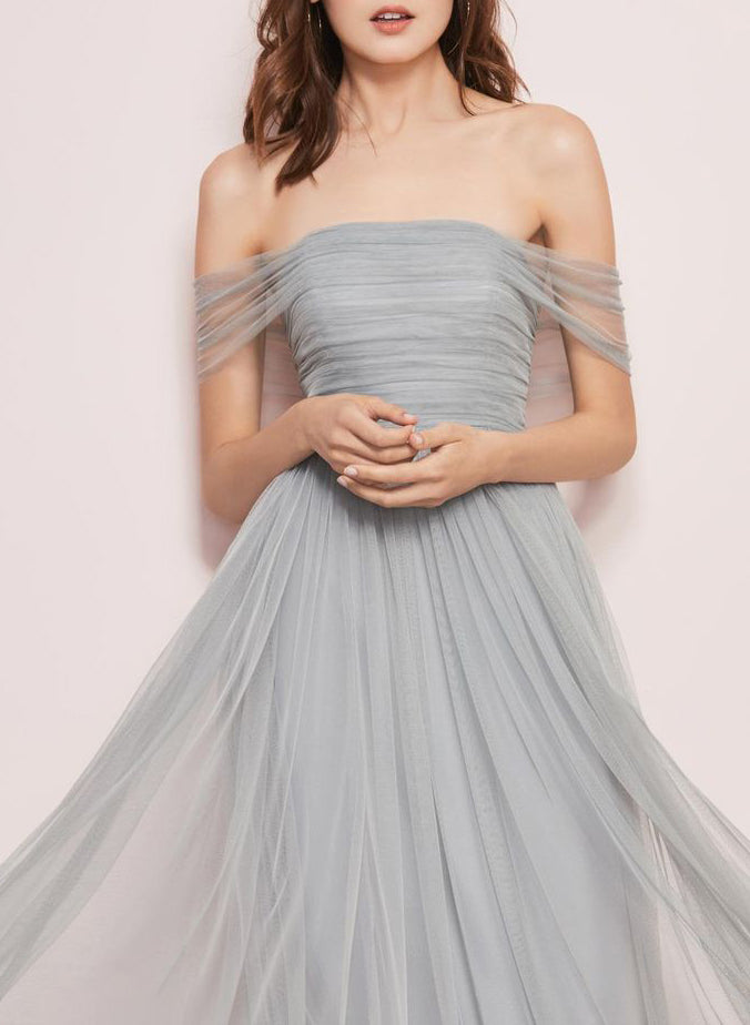 Floor-Length Silver Tulle Off-The-Shoulder Bridesmaid Dresses