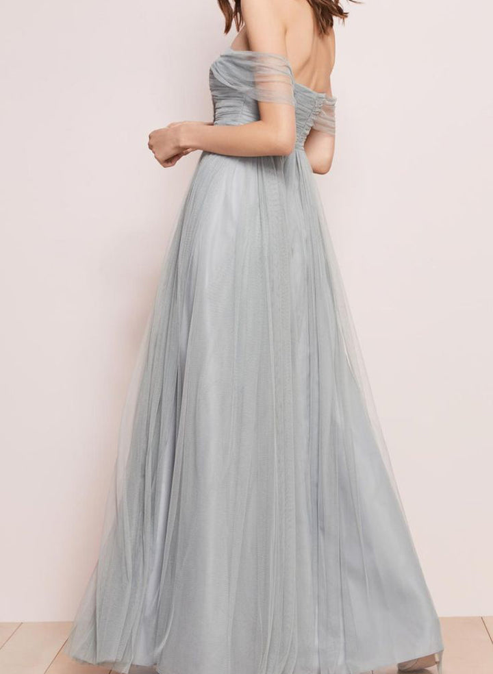 Floor-Length Silver Tulle Off-The-Shoulder Bridesmaid Dresses