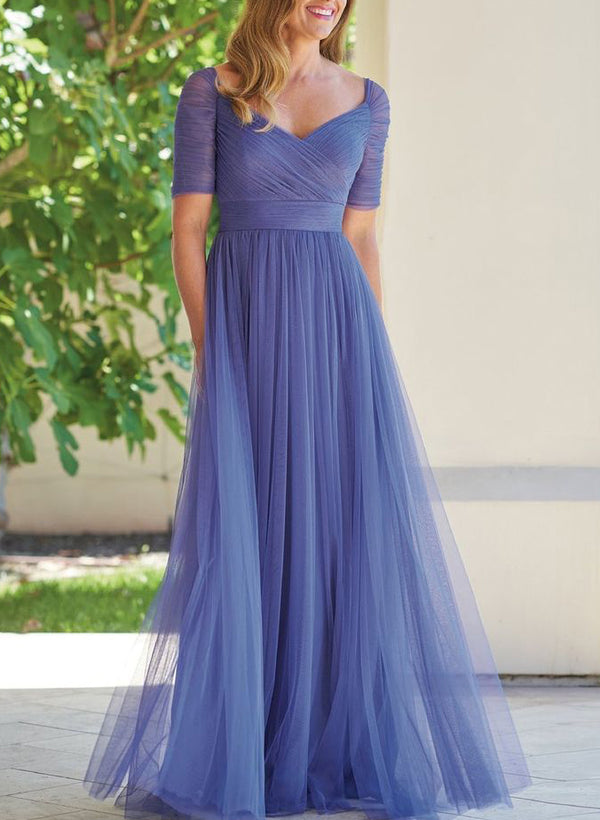 Purple A-Line V-Neck Tulle Bridesmaid Dresses With Ruffles