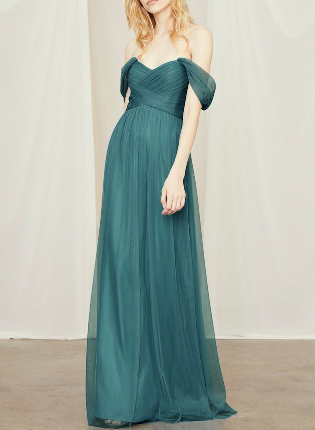 Off-The-Shoulder Tulle Long Bridesmaid Dresses in Green