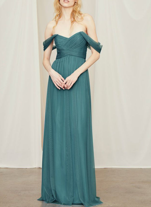 Off-The-Shoulder Tulle Long Bridesmaid Dresses in Green