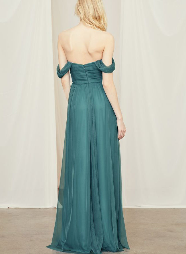 Off-The-Shoulder Tulle Long Bridesmaid Dresses in Green