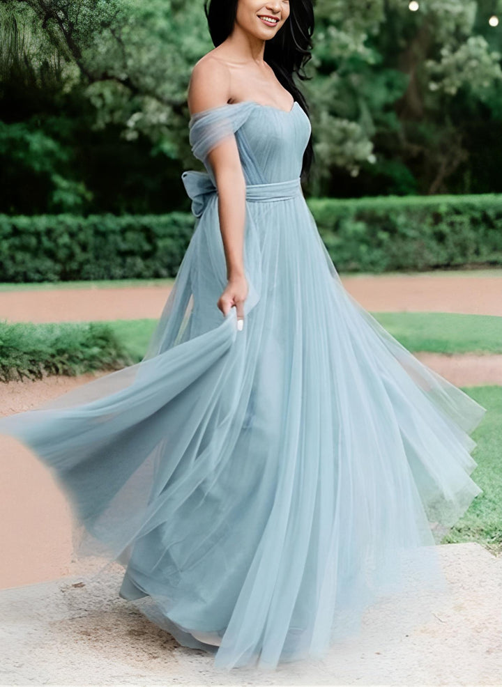 Off-The-Shoulder Tulle Long Bridesmaid Dresses in Blue