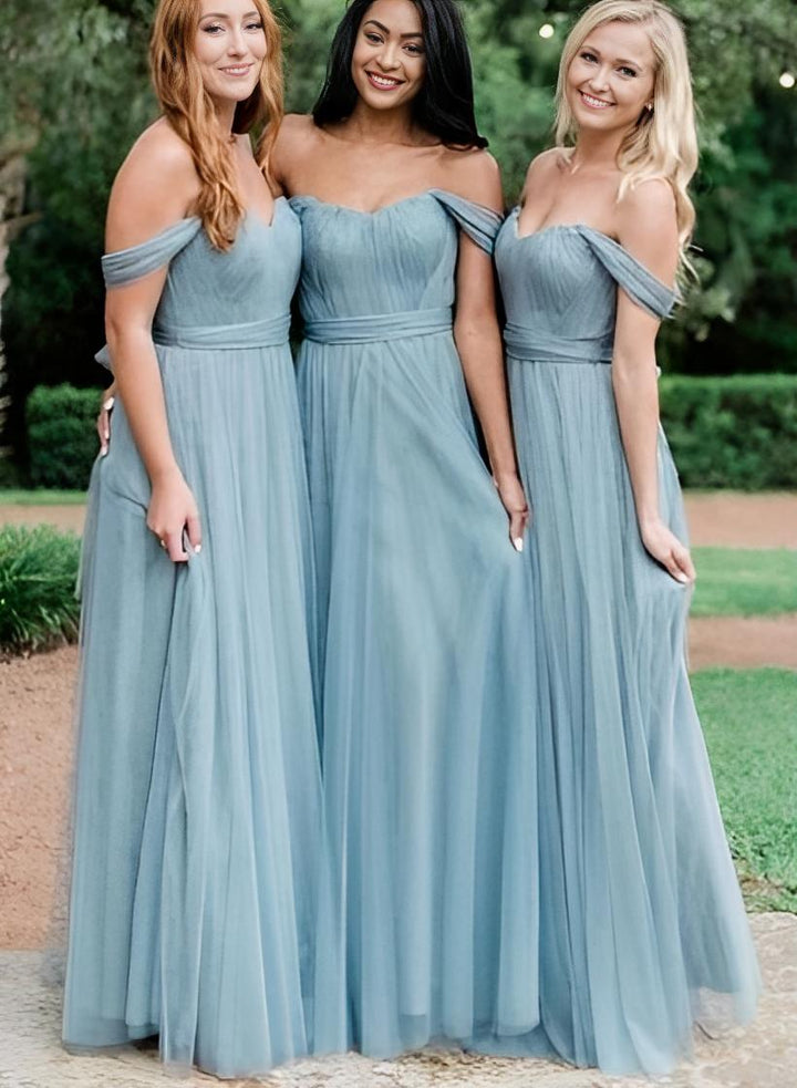 Off-The-Shoulder Tulle Long Bridesmaid Dresses in Blue