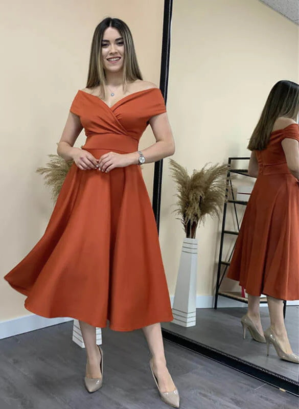 Off-The-Shoulder A-Line Satin Bridesmaid Dresses in Rust Short Length