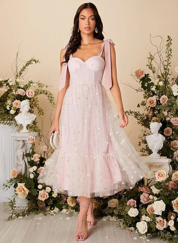 Sweetheart Sleeveless Tea-Length Lace Bridesmaid Dresses