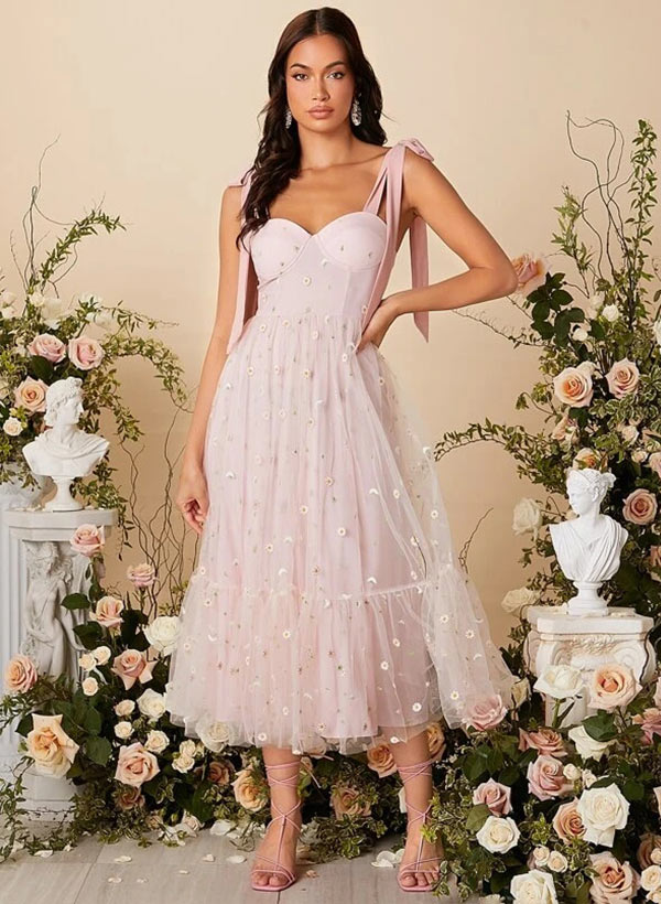 Sweetheart Sleeveless Tea-Length Lace Bridesmaid Dresses