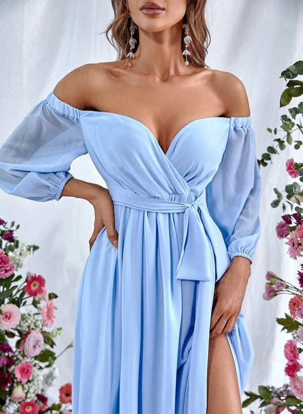 Off-The-Shoulder Long Sleeves Floor-Length Chiffon Bridesmaid Dresses With Split Front