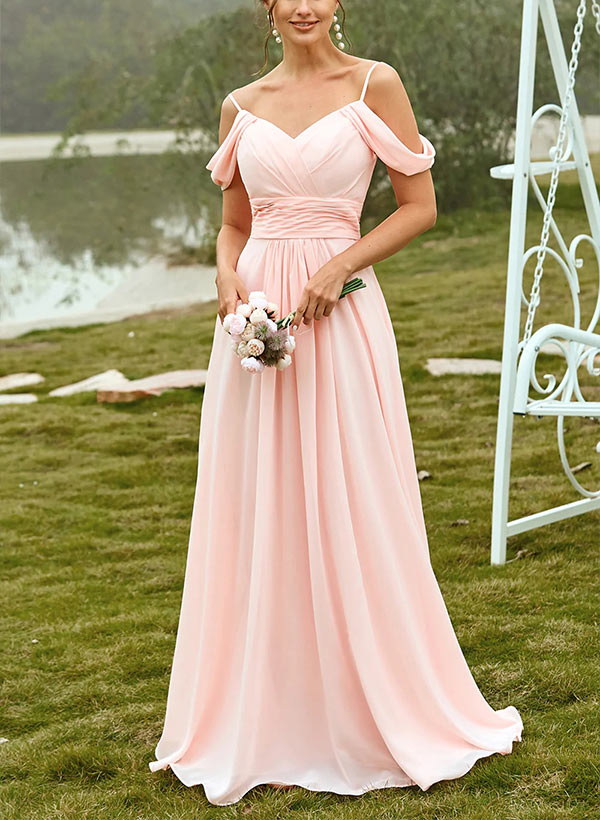 V-Neck Sleeveless Chiffon Bridesmaid Dresses With Pleated Sweep Train