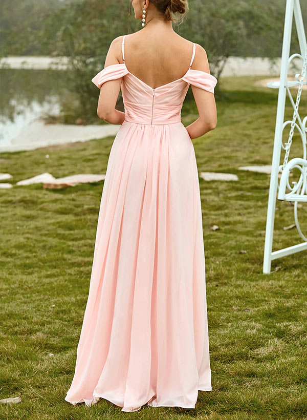 V-Neck Sleeveless Chiffon Bridesmaid Dresses With Pleated Sweep Train