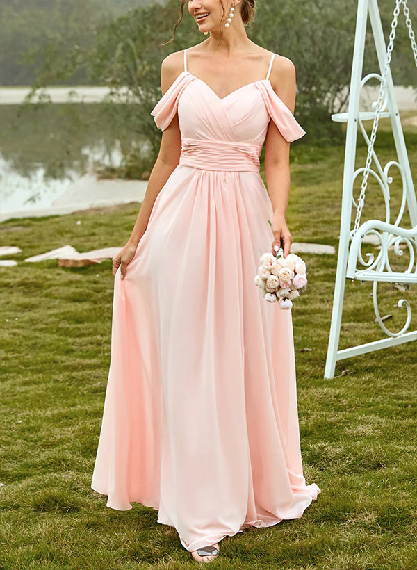 V-Neck Sleeveless Chiffon Bridesmaid Dresses With Pleated Sweep Train