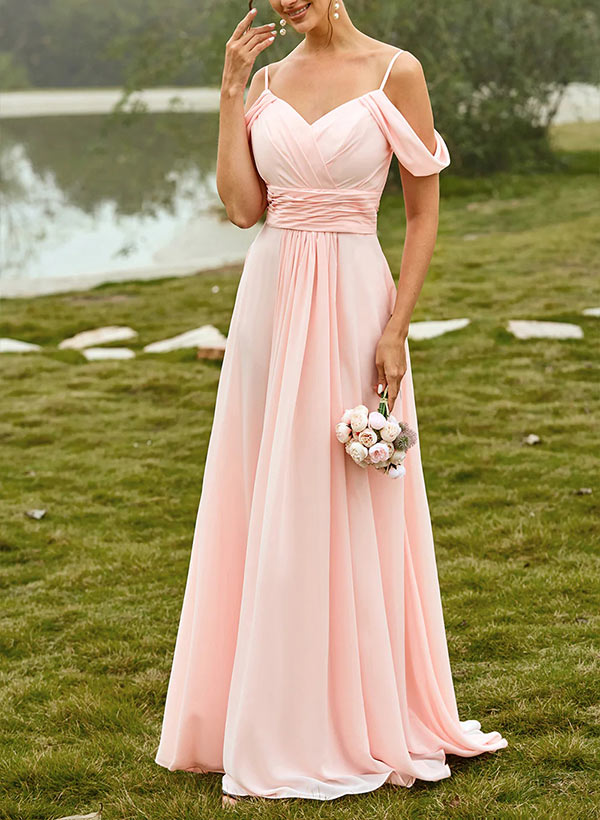 V-Neck Sleeveless Chiffon Bridesmaid Dresses With Pleated Sweep Train