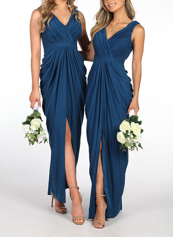 V-Neck Sleeveless Satin Bridesmaid Dresses With Split Front