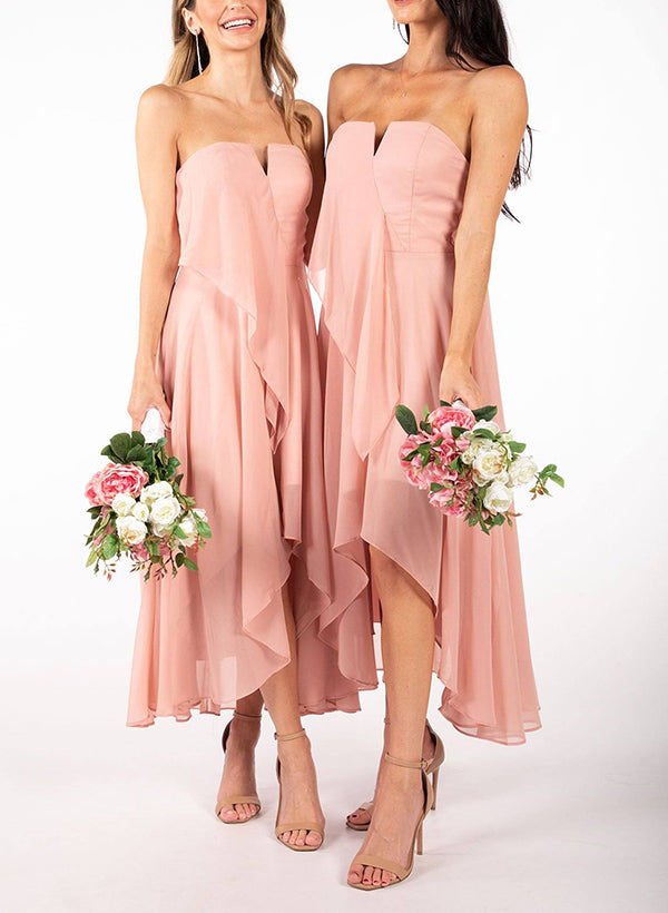 A-Line Strapless Sleeveless Ankle-Length Chiffon Bridesmaid Dresses