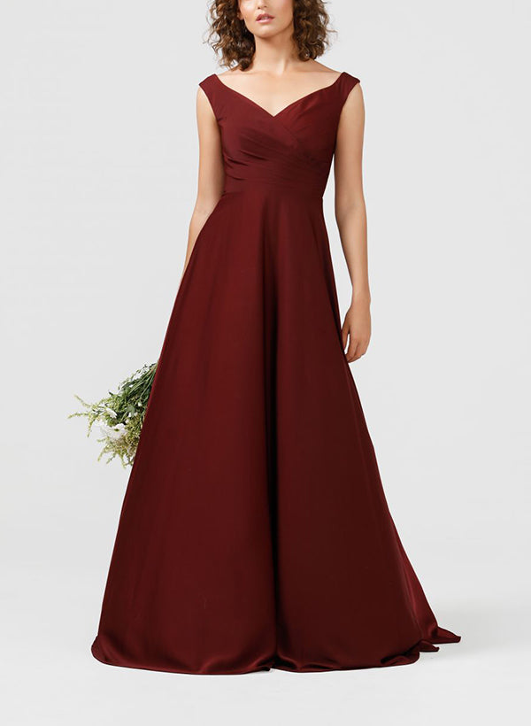 Satin Bridesmaid Dresses with A-Line V-Neck Sleeveless and Sweep Train