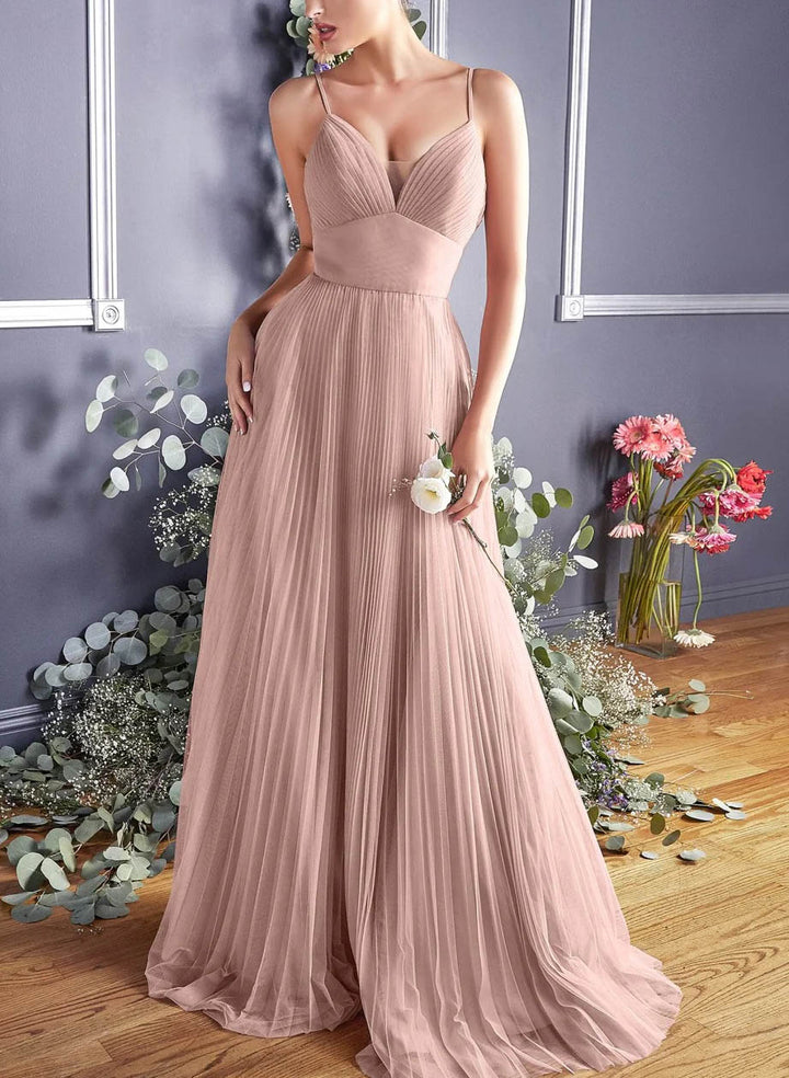 Pleated Tulle A-Line Open Back Bridesmaid Dresses