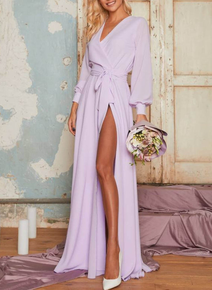 A-Line Chiffon Bridesmaid Dresses with V-Neck and Long Sleeves