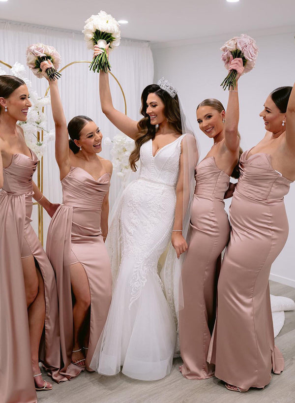 Strapless Satin Slit Simple Bridesmaid Dresses