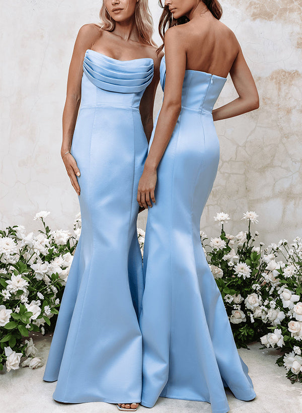 Strapless Sleeveless Floor-Length Satin Bridesmaid Dresses - Trumpet/Mermaid