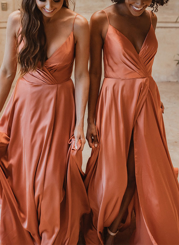 A-Line V-Neck Sleeveless Bridesmaid Dresses Made of Silk Like Satin With Split Front