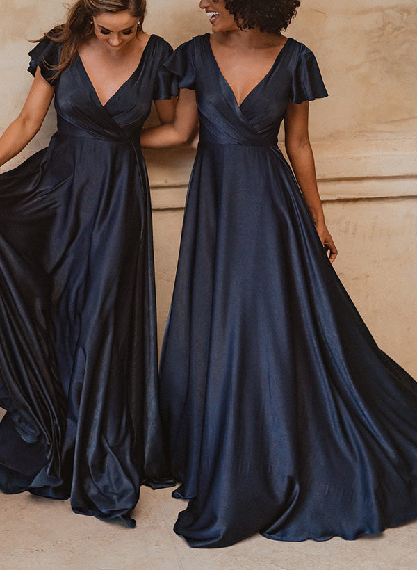 A-Line V-Neck Short Sleeves Sweep Train Bridesmaid Dresses