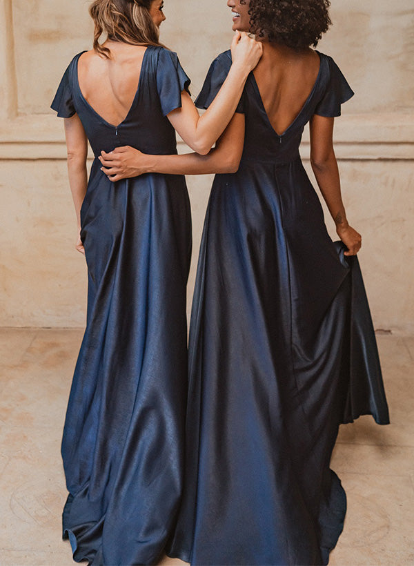 A-Line V-Neck Short Sleeves Sweep Train Bridesmaid Dresses