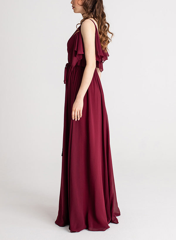 A-Line V-Neck Sleeveless Floor-Length Chiffon Bridesmaid Dresses