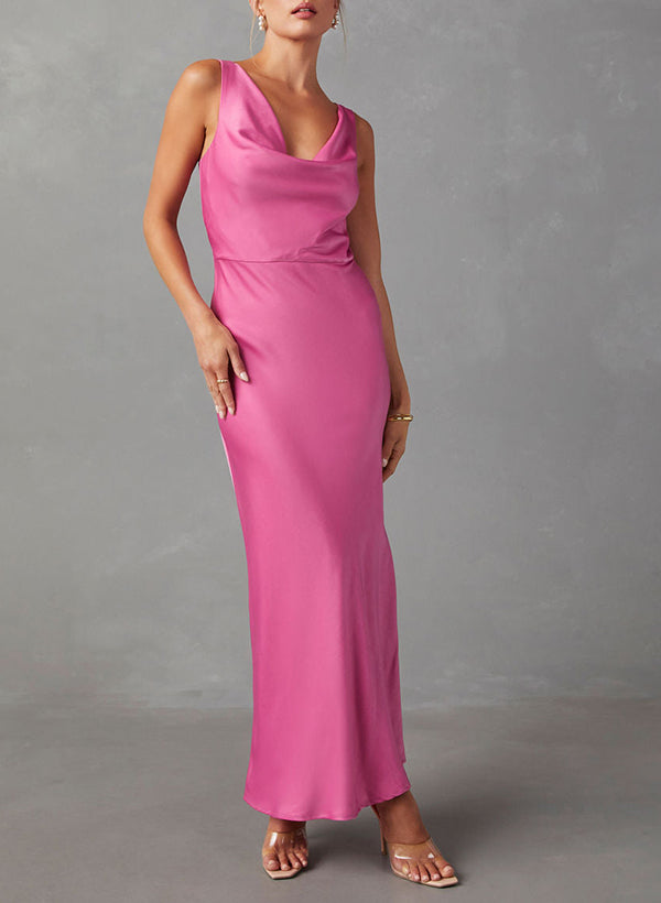 Cowl Neck Sleeveless Floor-Length Satin Bridesmaid Dresses