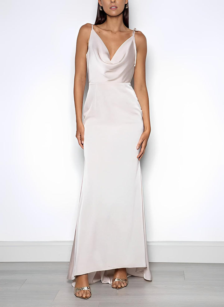 Sleeveless Sweep Train Charmeuse Bridesmaid Dresses with Cowl Neck