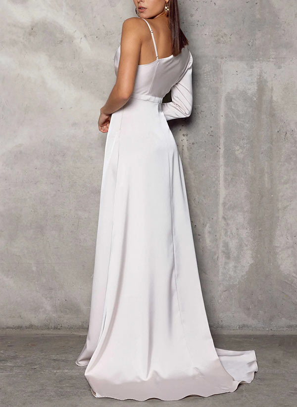 One-Shoulder Long Sleeves Sweep Train Charmeuse Bridesmaid Dresses