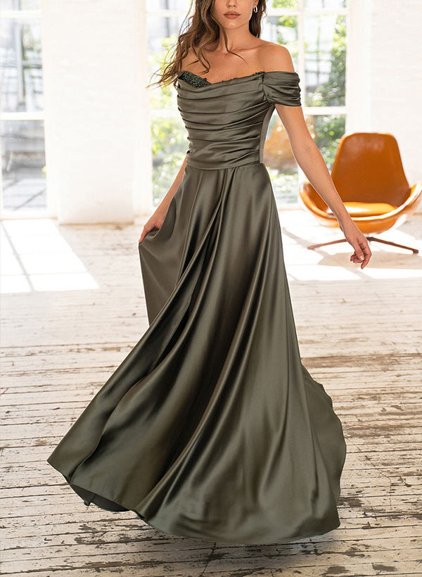 Off-The-Shoulder Sleeveless A-Line Floor-Length Charmeuse Bridesmaid Dresses With Beading