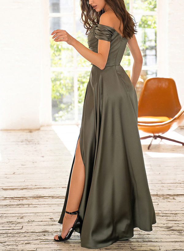 Off-The-Shoulder Sleeveless A-Line Floor-Length Charmeuse Bridesmaid Dresses With Beading