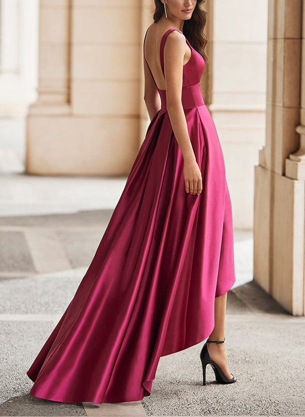 A-Line V-Neck Sleeveless Asymmetrical Satin Bridesmaid Dresses