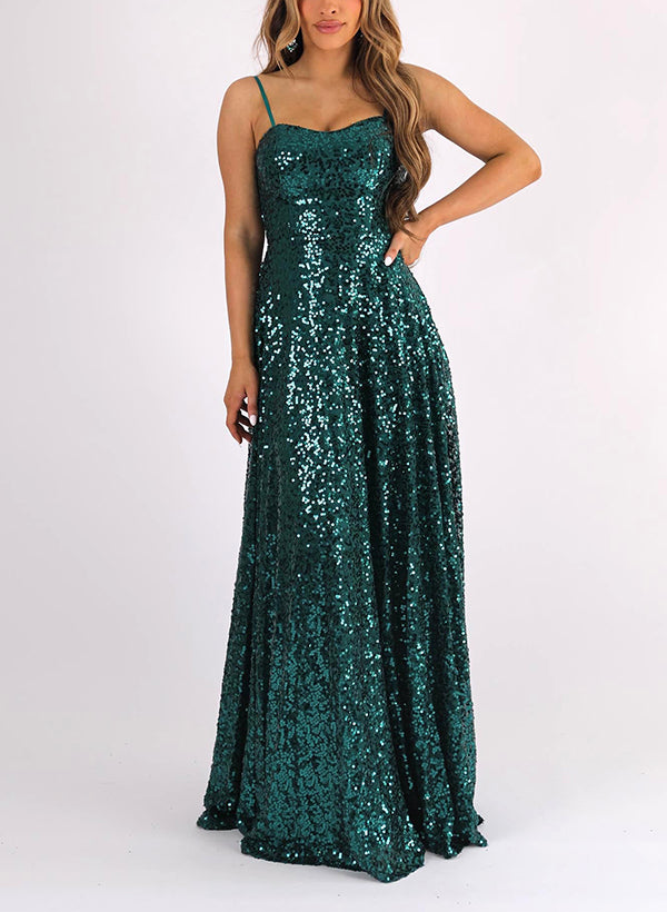 Floor-Length Sequined Bridesmaid Dresses with A-Line Sweetheart Sleeveless