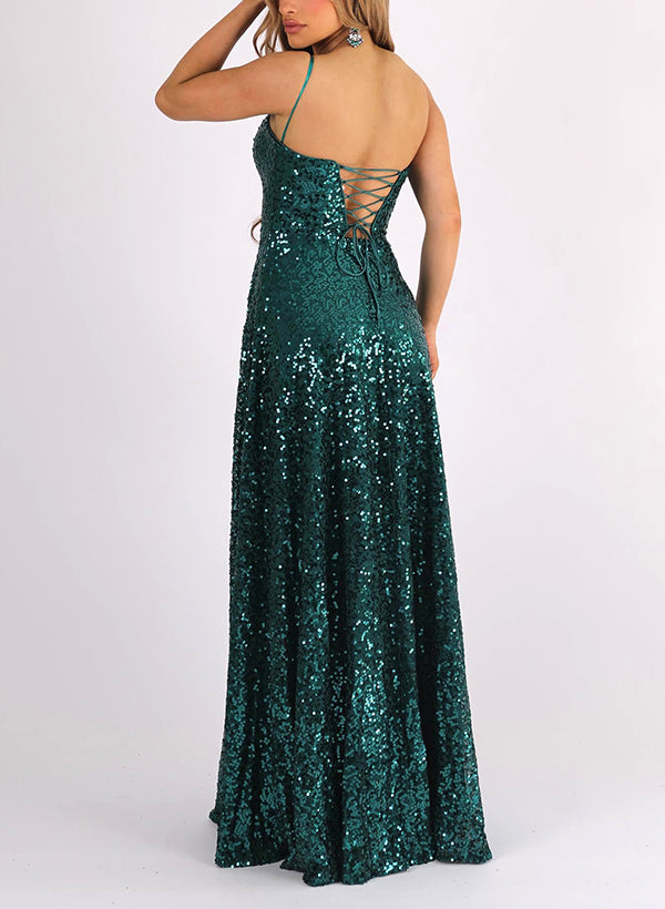 Floor-Length Sequined Bridesmaid Dresses with A-Line Sweetheart Sleeveless