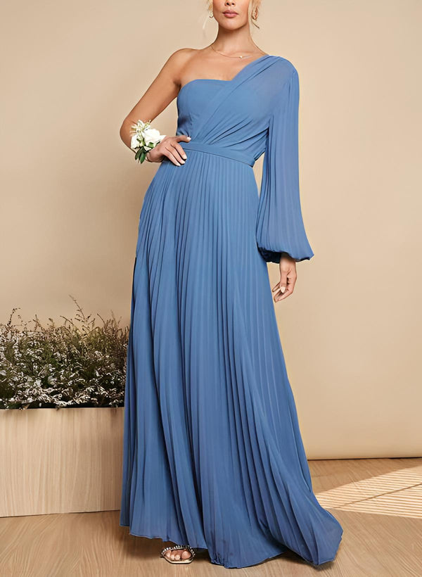 One-Shoulder A-Line Long Sleeves Floor-Length Chiffon Bridesmaid Dresses With Pleated