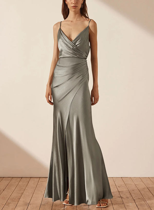 V-Neck Sleeveless Floor-Length Charmeuse Bridesmaid Dresses