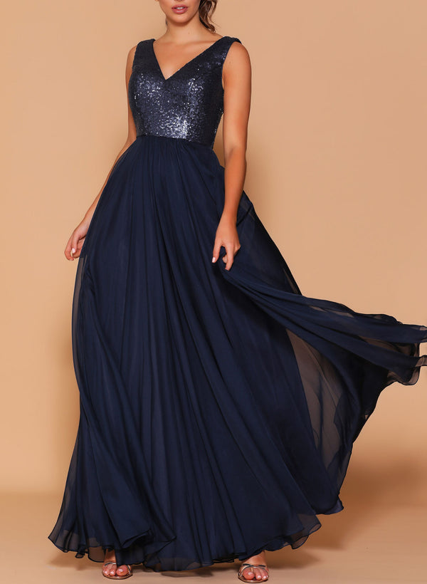 V-Neck A-Line Chiffon Bridesmaid Dresses with Sequins