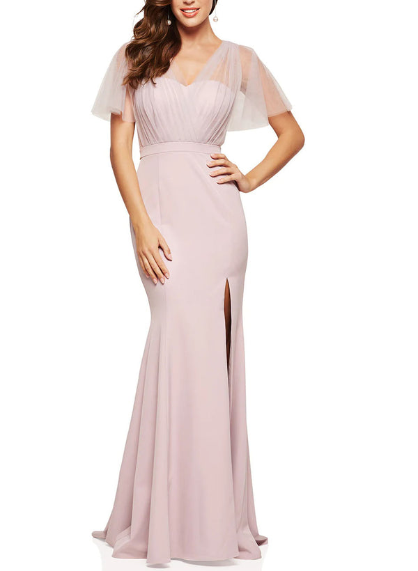 Elastic Satin Tulle V-Neck Trumpet/Mermaid Bridesmaid Dresses