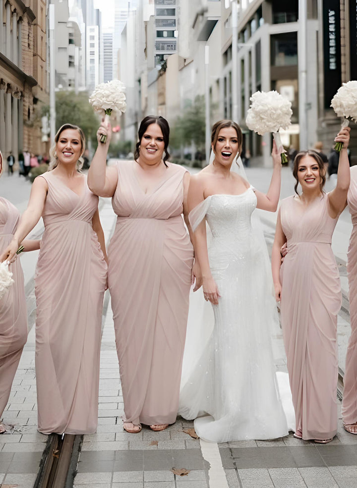Chiffon V-Neck Floor-Length Bridesmaid Dresses with Ruffles