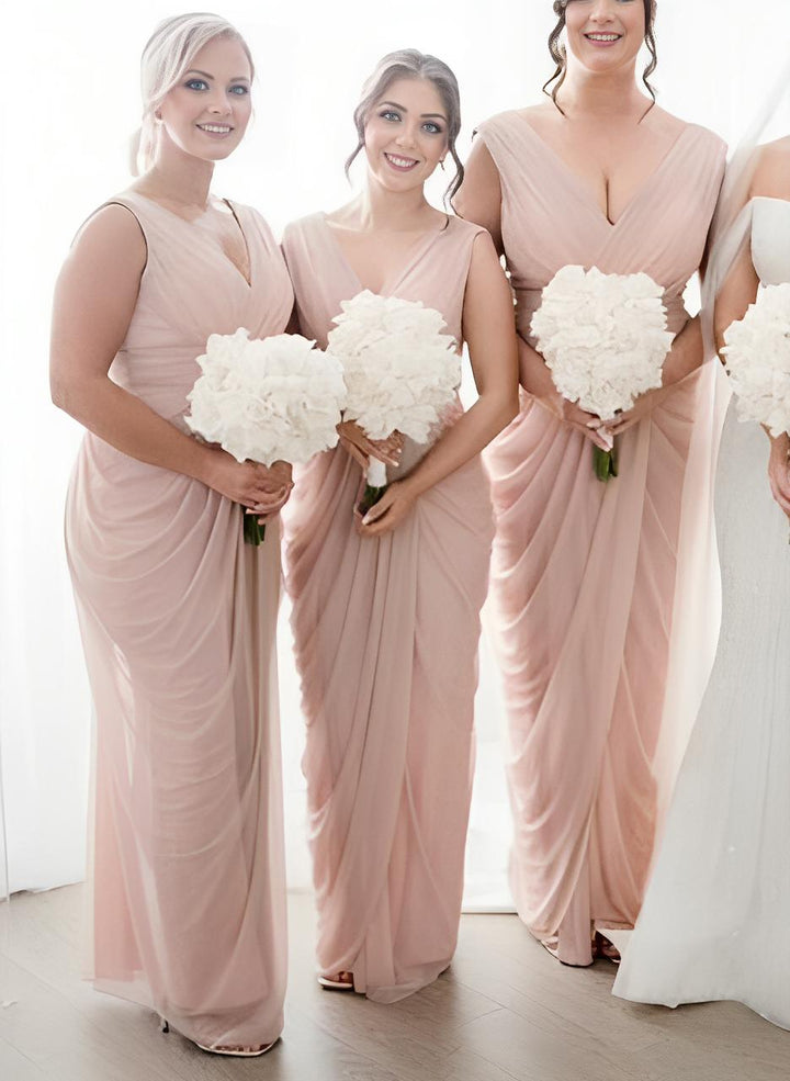 Chiffon V-Neck Floor-Length Bridesmaid Dresses with Ruffles