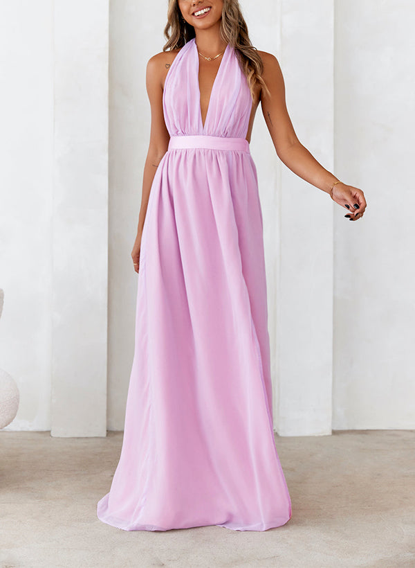 A-Line Halter Sleeveless Floor-Length Bridesmaid Dresses With Front Split