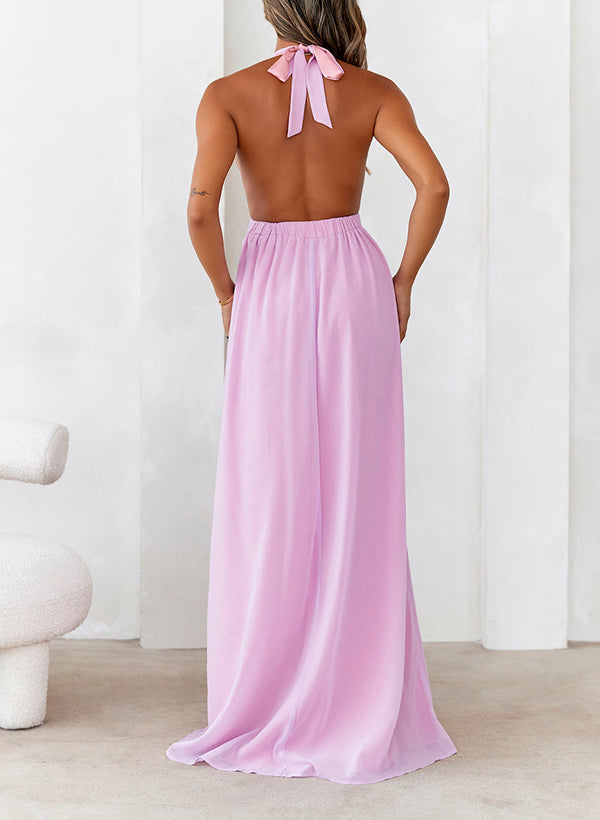 A-Line Halter Sleeveless Floor-Length Bridesmaid Dresses With Front Split