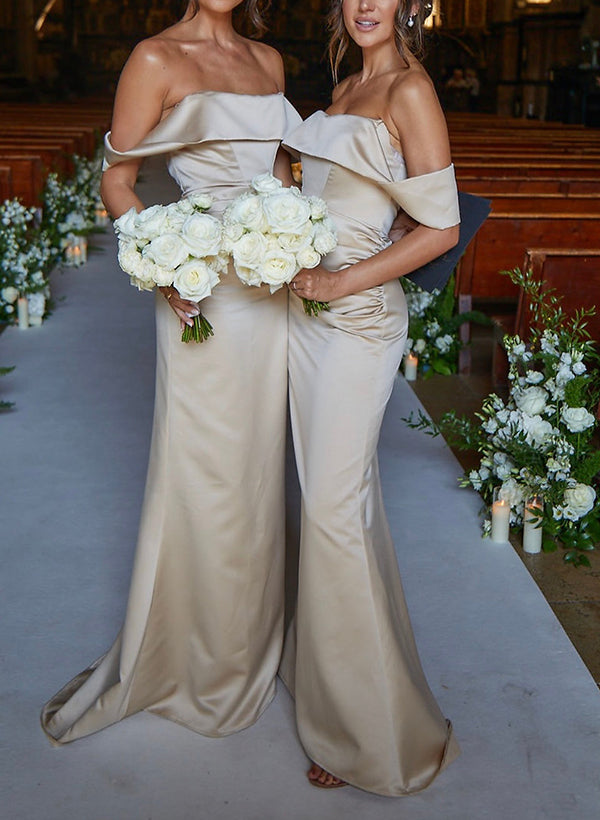 Off-The-Shoulder Sleeveless Sweep Train Satin Bridesmaid Dresses