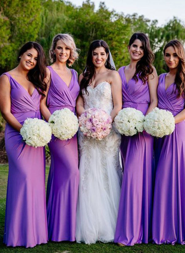 Floor-Length Jersey Bridesmaid Dresses with V-Neck and Sleeveless