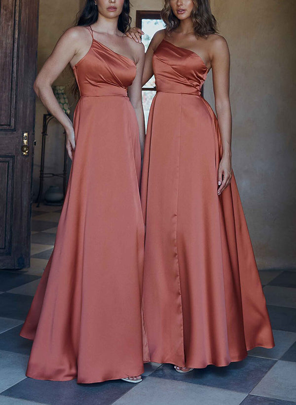 A-Line One-Shoulder Sleeveless Floor-Length Bridesmaid Dresses