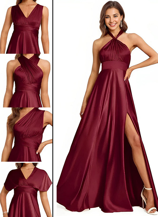 Floor-Length Silky Satin Bridesmaid Dress with A-Line Halter One Shoulder and V-Neck