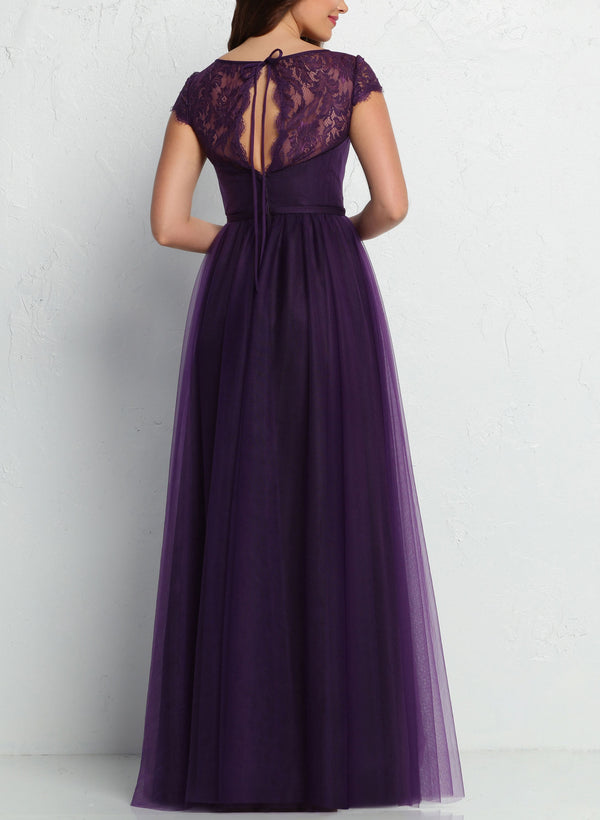 Lace A-Line Tulle Bridesmaid Dresses with V-Neck